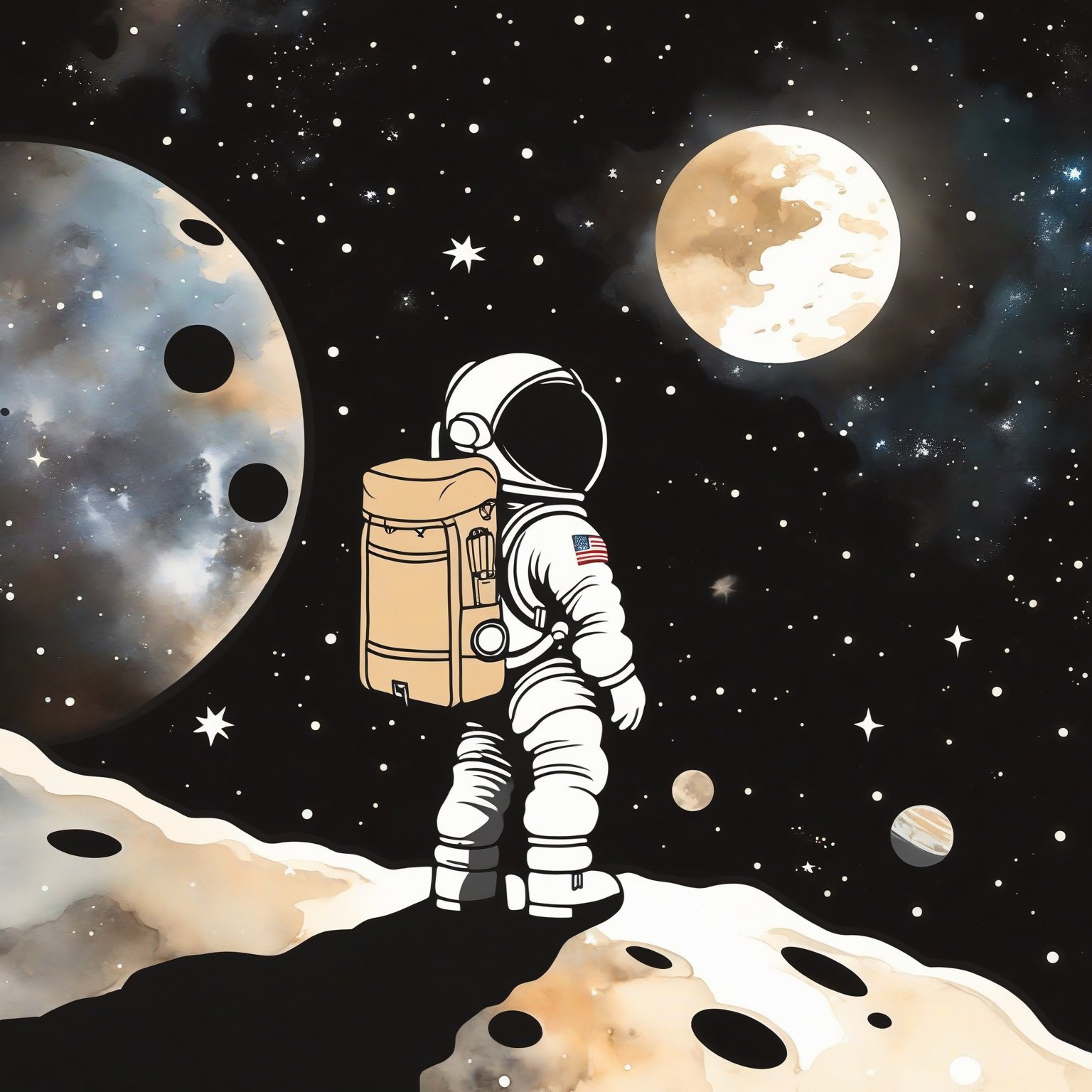 An astronaut standing on what appears to be a celestial body, possibly the moon. The astronaut is wearing a white spacesuit with a black helmet, and they are equipped with a backpack. In the background, there's a vast expanse of space filled with stars, a large planet with visible rings, and a smaller celestial body that looks like a moon or another planet. The overall color palette is dominated by black, white, and shades of beige, giving the image a serene and mysterious ambiance.