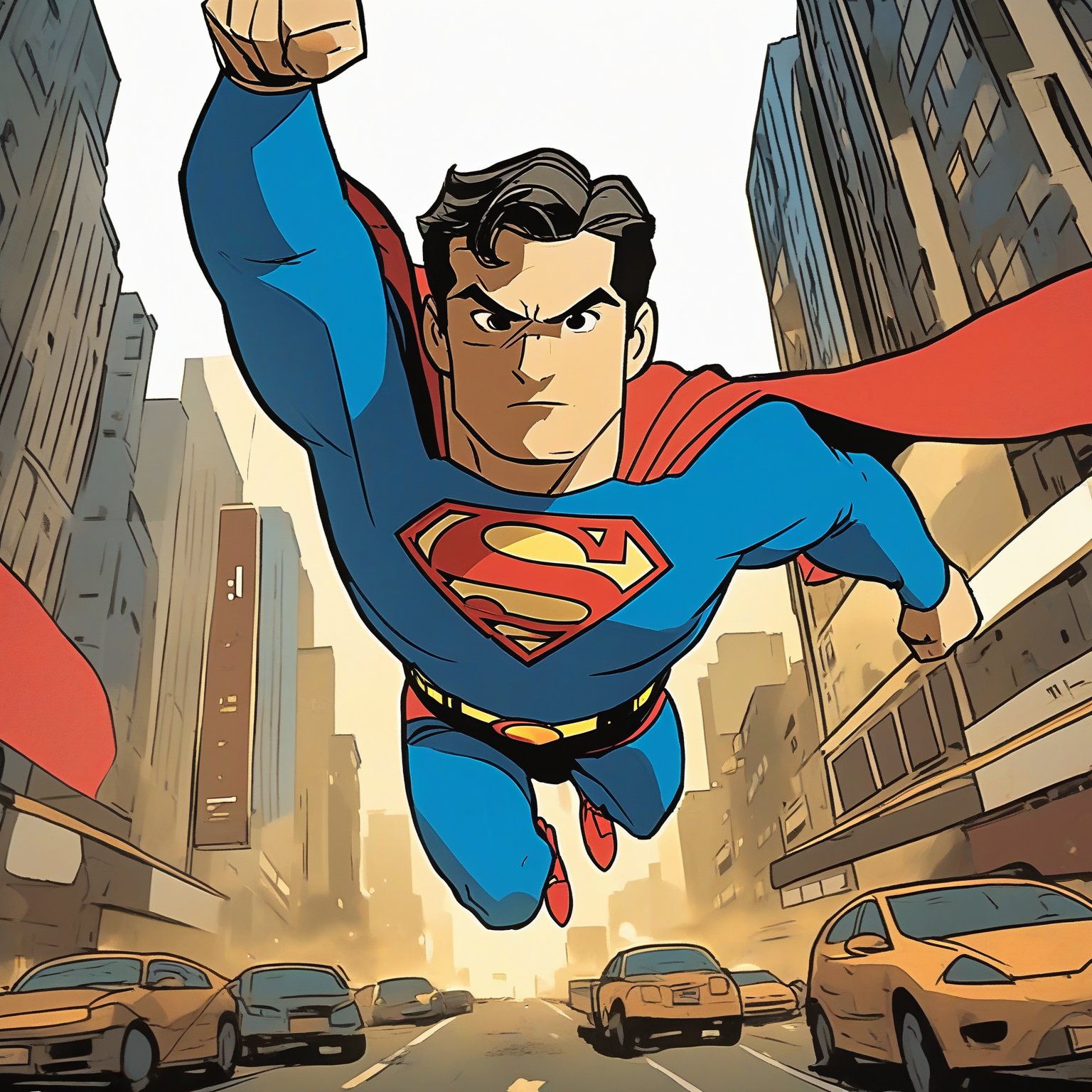 A comic-style depiction of Superman, soaring through an urban setting. He is dressed in his iconic blue suit with a red cape flowing behind him. His facial expression is focused and determined. The background displays tall buildings, cars on the road, and a billboard with the letters 'HQ'. The overall atmosphere suggests a dynamic action scene, possibly from a comic book or animated series.