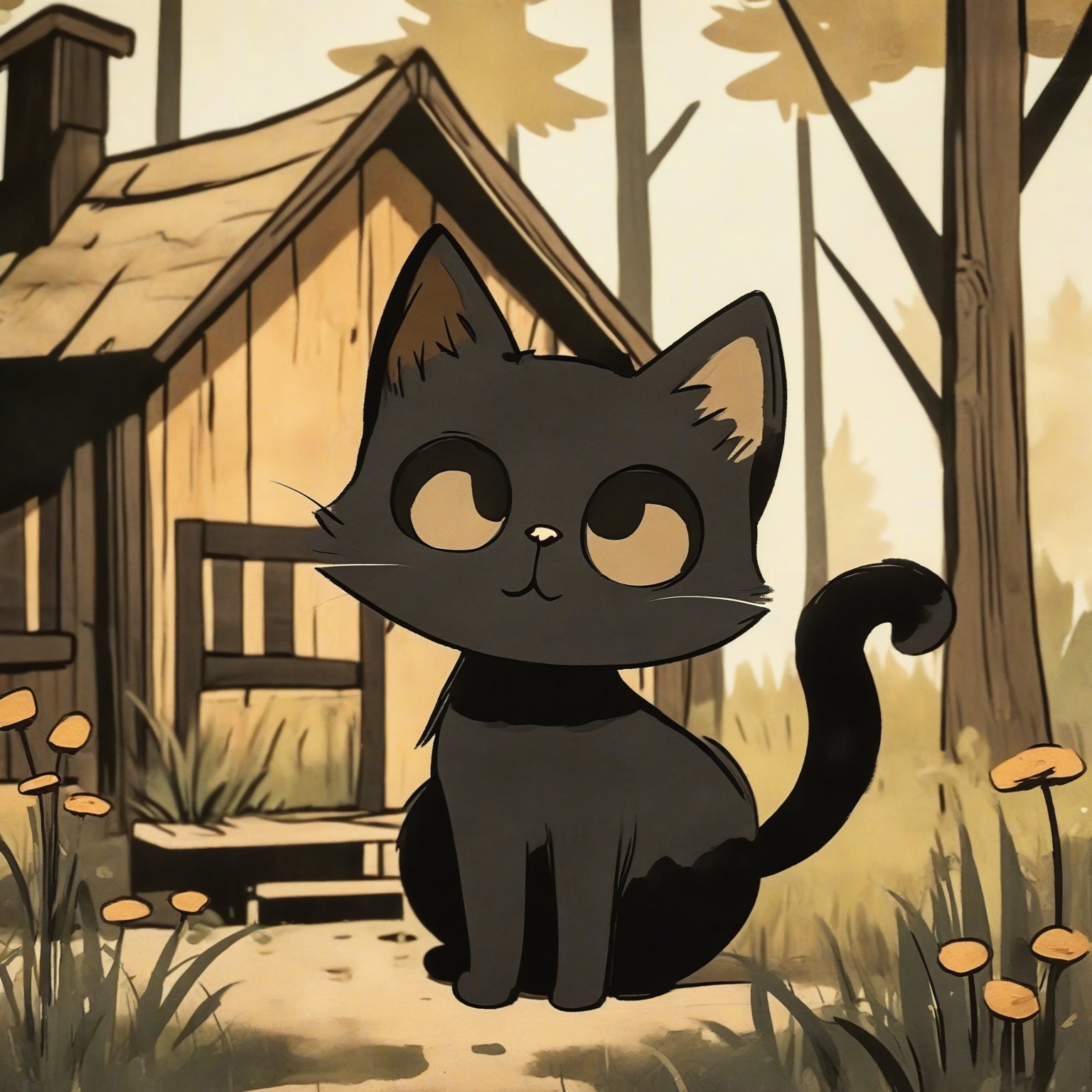 A black cat with large, round eyes, sitting amidst a rustic setting. The cat is positioned in the foreground, with a wooden house and tall trees in the background. The environment appears to be outdoors, with the ground covered in grass and a few small plants. The overall color palette is muted, with earthy tones dominating the scene.