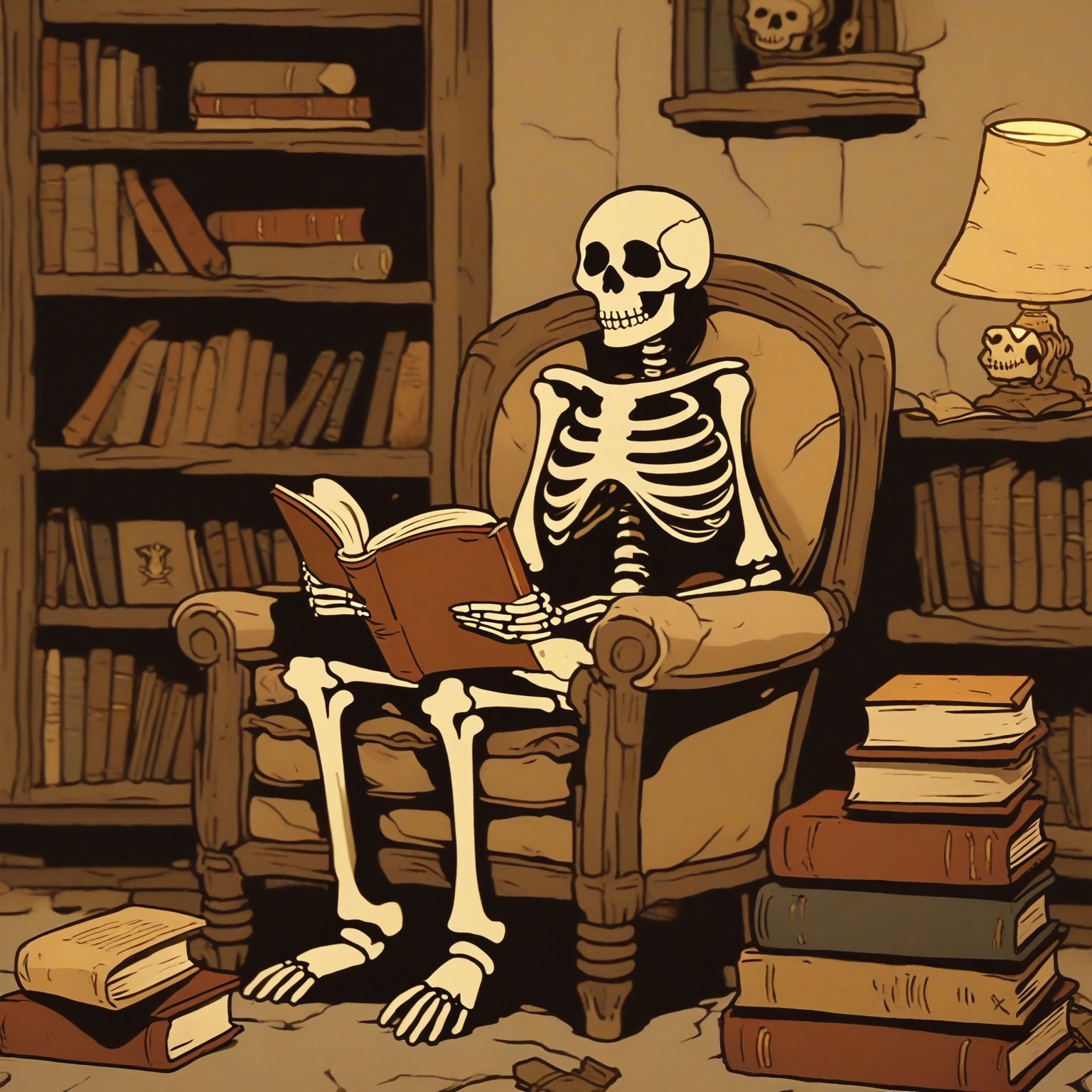 A skeleton seated comfortably in a chair, engrossed in reading a book. The book has a skull emblem on its cover. The skeleton is positioned in front of a wooden bookshelf filled with various books. The room has a muted color palette, predominantly in shades of beige and brown, giving it a vintage or old-world feel.
