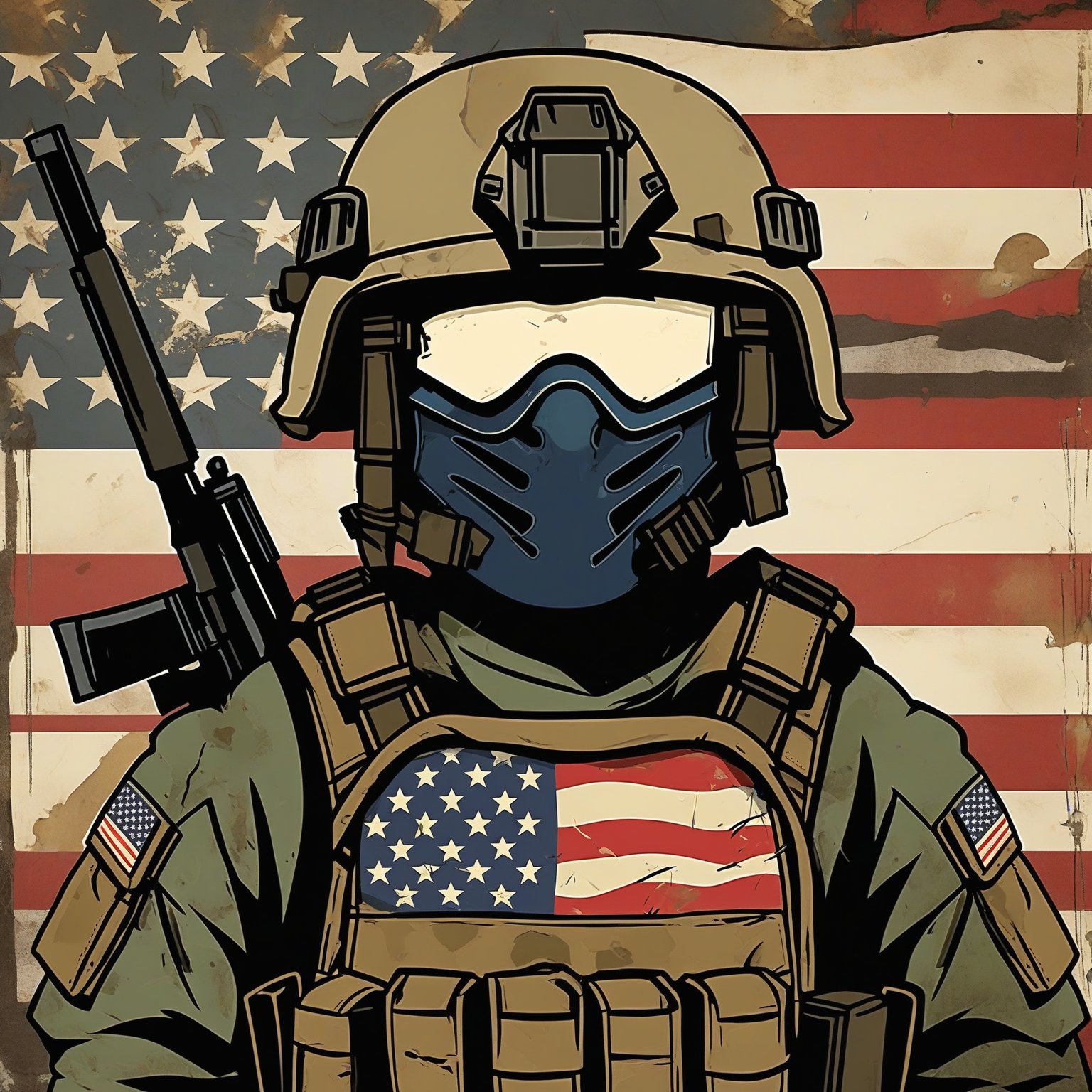 A cartoonish soldier standing in front of an American flag. The soldier is equipped with a helmet, a mask covering the mouth and nose, and a bulletproof vest. He holds a rifle in his hands and has various pouches and gear attached to his vest. The flag in the background has a distressed, weathered appearance with visible brush strokes and faded stars.