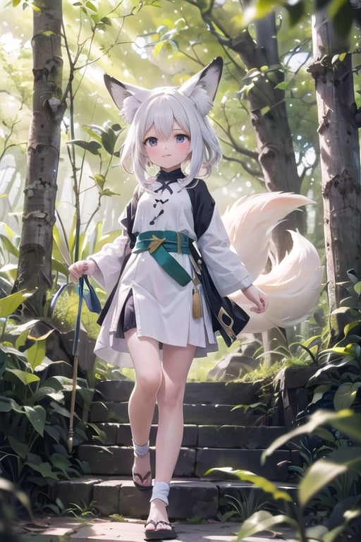 In this delightful tensor art scene, a fox girl is enjoying a playful and restful moment. She's nestled in a cozy and serene forest clearing, surrounded by tall, ancient trees that create a natural canopy. Sunlight filters through the leaves, creating a warm and inviting atmosphere.

The fox girl is depicted with a content expression on her face, and her bushy fox tail curls around her as she lies on her side. In her paw, she holds a soft, fluffy plush toy, her playful companion in the forest. She appears to be in a state of serene playfulness and relaxation.

The forest floor is covered with a lush carpet of moss and fallen leaves, providing a comfortable spot for her nap and play. Birds and butterflies flit through the air, adding to the tranquility of the scene.a fox girl is gracefully walking through a serene forest. The ancient trees create a natural canopy overhead, allowing dappled sunlight to filter through the leaves. The atmosphere is one of tranquility and connection with nature.

The fox girl's steps are light and graceful as she moves among the mossy forest floor. Her fluffy tail sways with each step, adding to the sense of elegance and grace in her movements. She appears deeply connected to the environment around her, as if she's a part of the forest itself.

Birds and butterflies fill the air, adding to the natural beauty of the scene. The forest is a haven of peace and wonder, and the fox girl's presence enhances its beauty.