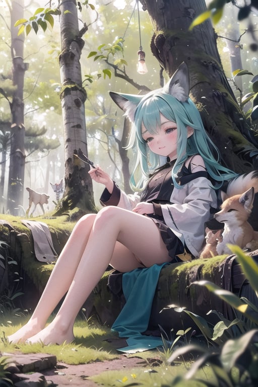 In this delightful tensor art scene, a fox girl is enjoying a playful and restful moment. She's nestled in a cozy and serene forest clearing, surrounded by tall, ancient trees that create a natural canopy. Sunlight filters through the leaves, creating a warm and inviting atmosphere.

The fox girl is depicted with a content expression on her face, and her bushy fox tail curls around her as she lies on her side. In her paw, she holds a soft, fluffy plush toy, her playful companion in the forest. She appears to be in a state of serene playfulness and relaxation.

The forest floor is covered with a lush carpet of moss and fallen leaves, providing a comfortable spot for her nap and play. Birds and butterflies flit through the air, adding to the tranquility of the scene.a fox girl is gracefully walking through a serene forest. The ancient trees create a natural canopy overhead, allowing dappled sunlight to filter through the leaves. The atmosphere is one of tranquility and connection with nature.

The fox girl's steps are light and graceful as she moves among the mossy forest floor. Her fluffy tail sways with each step, adding to the sense of elegance and grace in her movements. She appears deeply connected to the environment around her, as if she's a part of the forest itself.

Birds and butterflies fill the air, adding to the natural beauty of the scene. The forest is a haven of peace and wonder, and the fox girl's presence enhances its beauty.