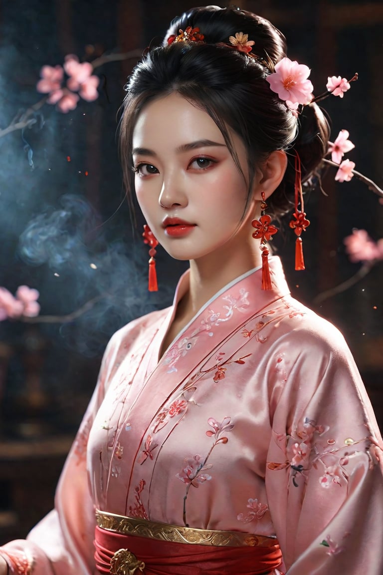 masterpiece,official art,extremely detailed cg unity 8k wallpaper,highly detailed,absurdres,8k resolution,studio light,studio,exquisite facial features,prefect face,pink eyeshadowsm,red lips,highres,1girl,Steady,calm,Wuxia,traditional Chinese costume,(Smoke:1.2),(glowing behind it:1.2),depth of field,panorama,cinematic lighting,ray tracing,best quality,,,more detail XL