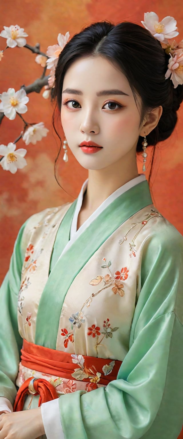 jade,girl,delicate facial features,youthful woman,Hanfu,vibrant warm hues,floral accessories,soft pastel background,more detail XL