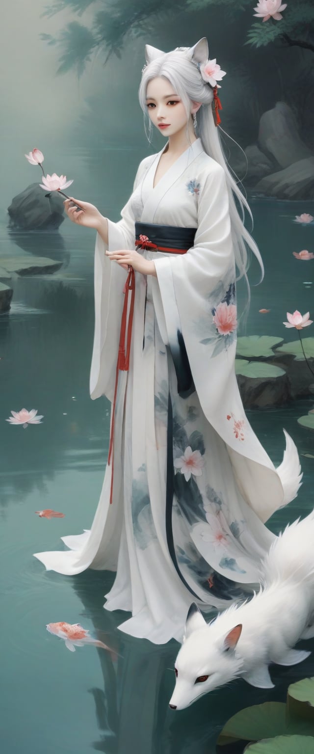 ((4k,masterpiece,best quality)), shuimobysim, traditional chinese ink painting, lotus, hanfu, maxiskit, dress conservatively 1 girl, solo, white hair, long hair, fox ears, white, bikini, fish, many fish near girl, look at viewer, tease,more detail XL