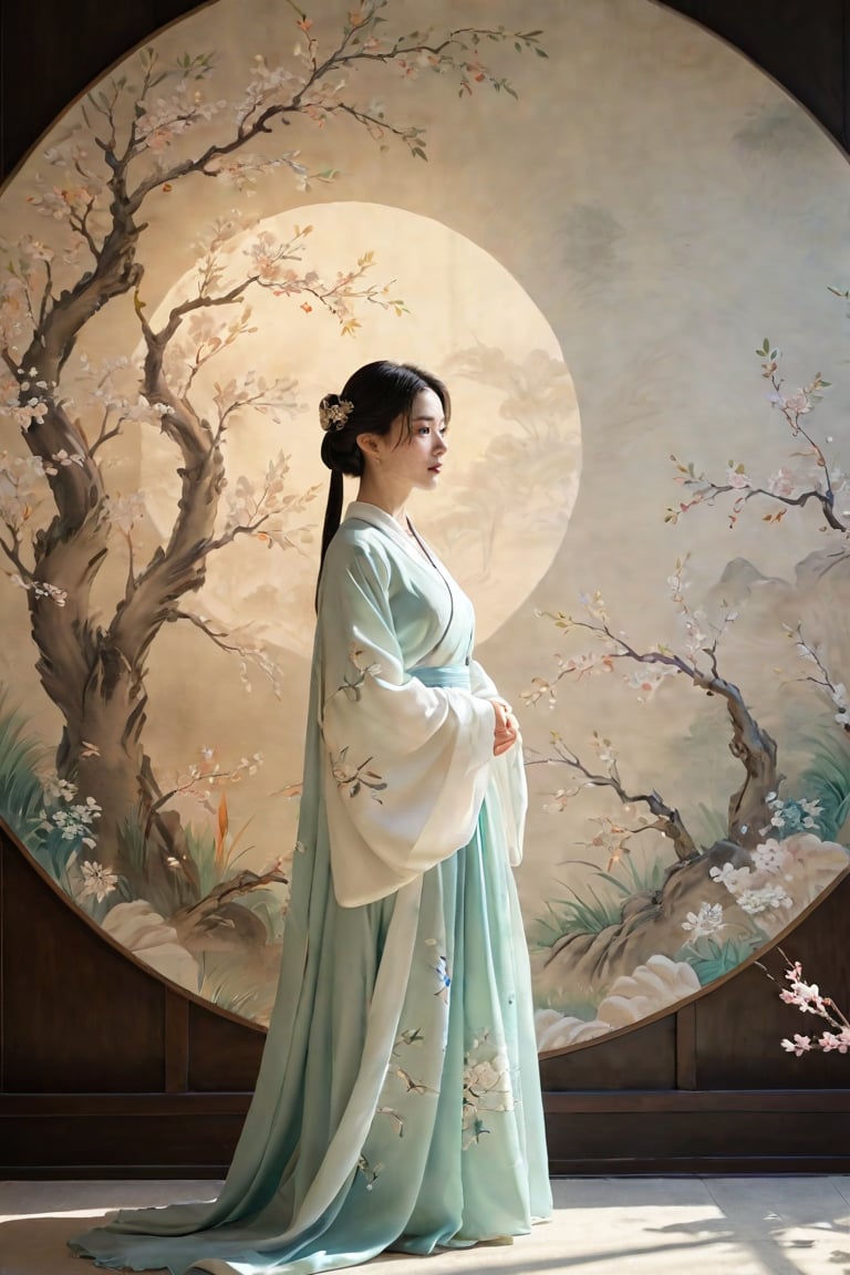 ,chun,1girl,hanfu,circular mural,simple background,spring theme,, cinematic,a sense of scale and narrative,ethereal scenes,peaceful solitude,stunning contrasts and shadow,introspection,8k,Photography,super detailed,hyper realistic,masterpiece,Depth of field,Bright color,Super lightsensation,Caustic,more detail XL