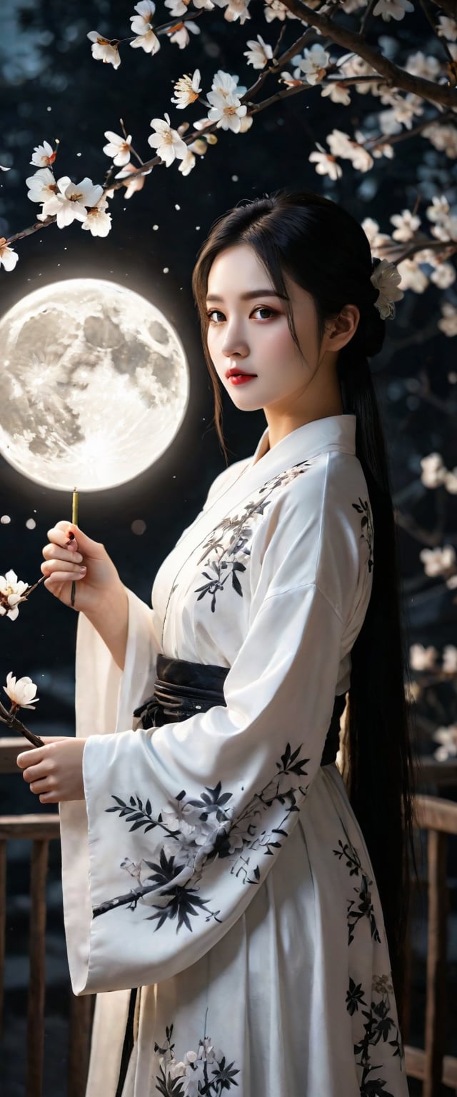 best quality, masterpiece, 8k, ultra high res, (photorealistic:1.4), highly detailed, intricate detail, delicate and beautiful, good lighting, professional lighting, sharp focus, detailed shadows, exquisite details and textures, depth of field, unity 8k wallpaper,
1girl,night, huge full moon, outdoor, Hanfu, full body, courtyard, branches, flowers, grass,(black and white ink painting:2.0),more detail XL