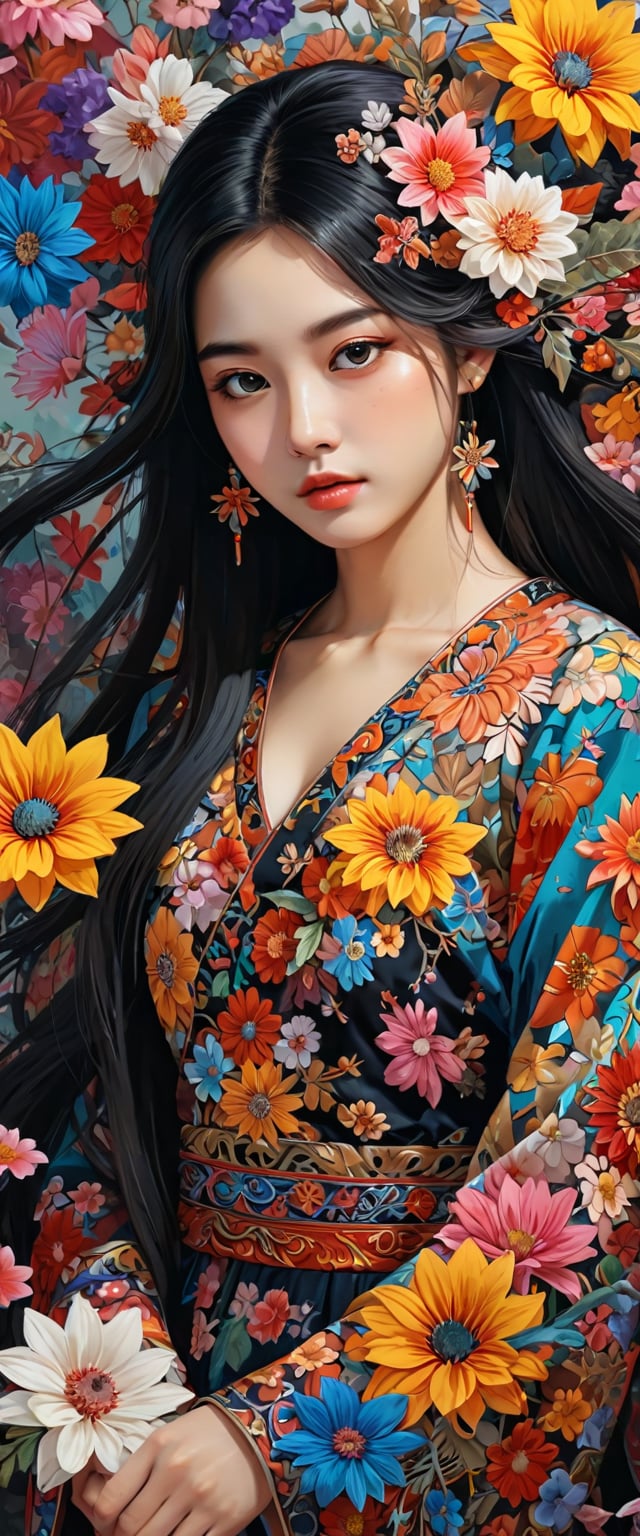 guofeng, Illustrated,1girl,black eyes,long hair,super precise depiction, (flowers),multiple colors,high definition,Rich in intricate details. 8K,illustration,crazy colors,,more detail XL