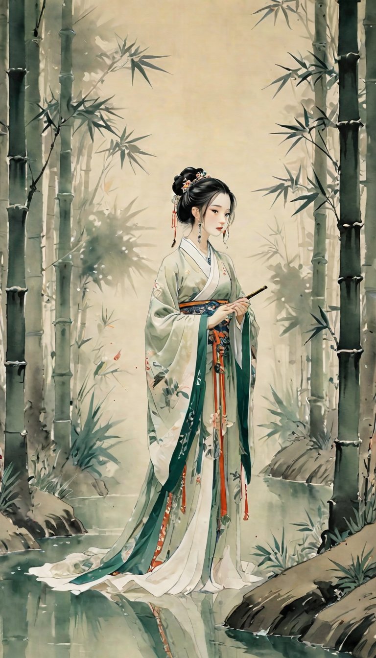 1girl,ink painting style,shuimo,hanfu,pearls and jewels,standing,the whole body,zy,zanhua,bamboo forest,masterpiece, best quality,more detail XL