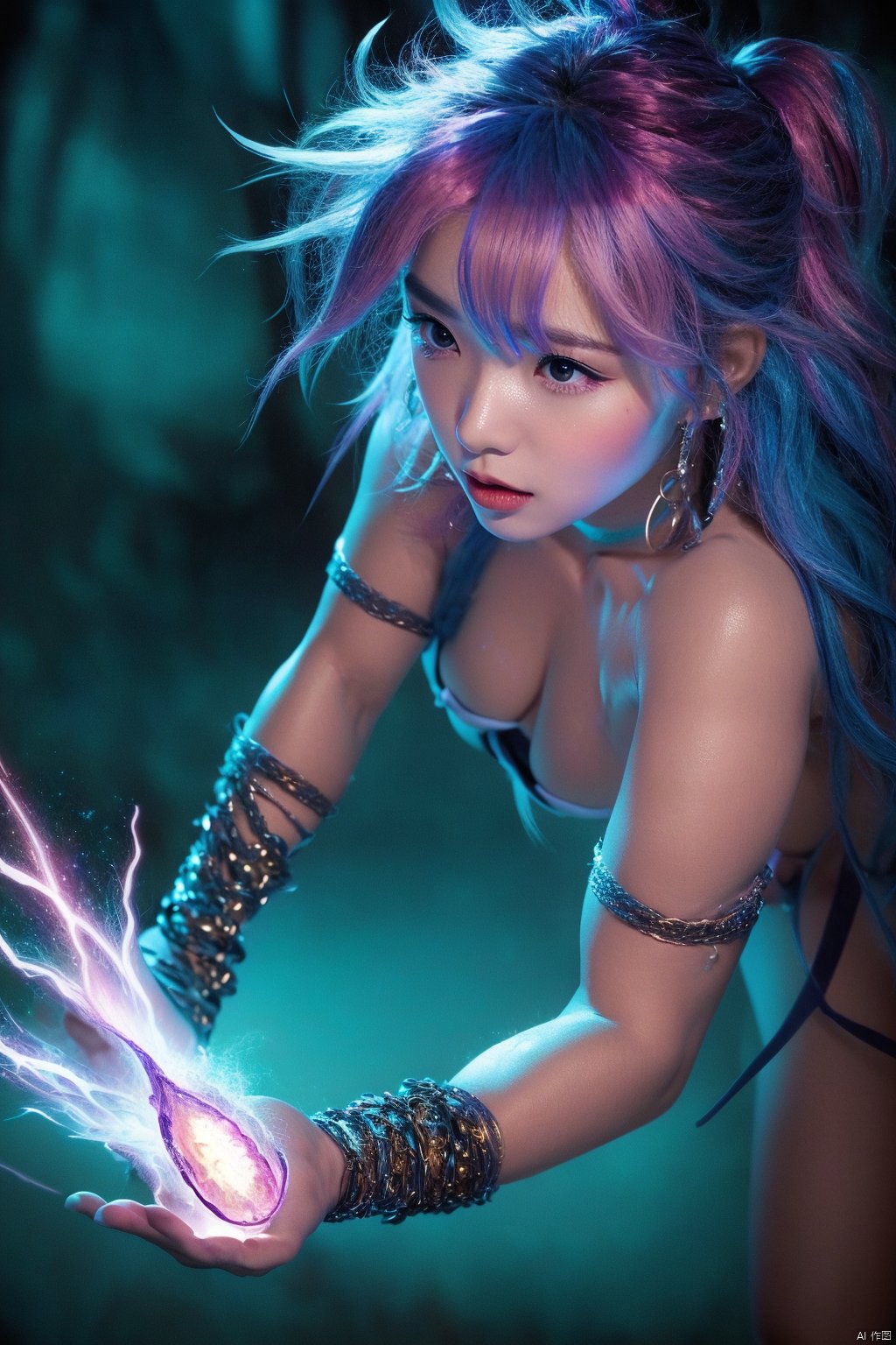 Static charge fantasy illustration with magical lightning,intense and dramatic lighting,high contrast,game-rpg style,mystical aura,crackling energy,powerful and menacing look,vibrant colors,best quality,highres,ultra-detailed,game-rpg,intense lighting,magical elements,cos,1 girl huge breasts largr areolae plump ,Photography action fashion portrait,NAVIS_DG anklet tribal bodypaint,Muscular Female