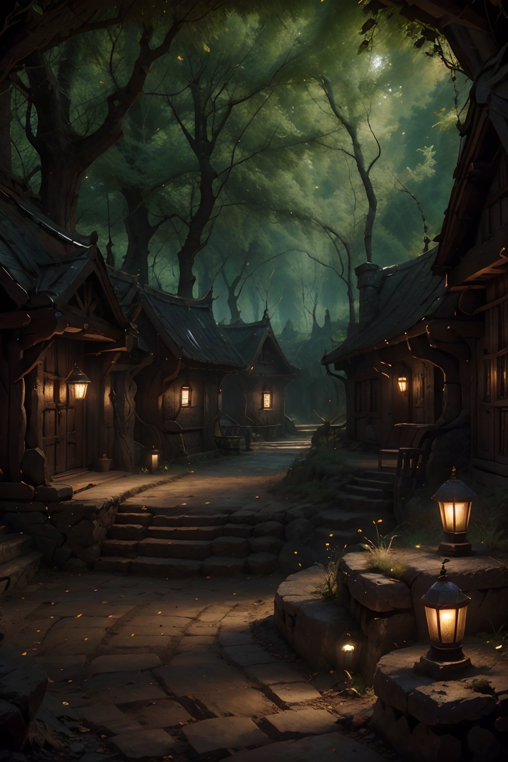 Elf village in the forest, casas suspendidas del sueño aferradas a los árboles, night atmosphere. Medieval atmosphere. Oil lamp lighting, (referencia del señor de los anillos y the Witcher) elfos caminando,noc-landscape