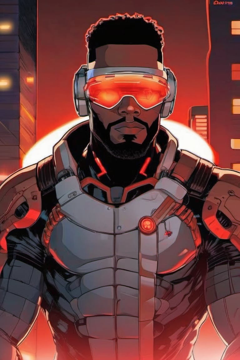 1boy, African American, beards, white cyborg half helmet, wearing a leather jacket ,looking at viewer, facing viewer,brown skin, Cyborg glass helmet, Cyborg Armour T, Cyborg T, freckles, red fog, neon lights , at night , CYT,DonMCyb3rN3cr0XL ,X-CYCLOPS ,TXM