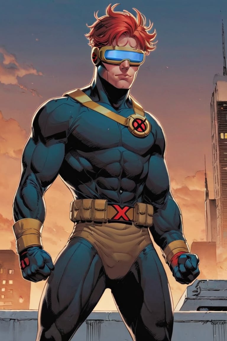 1boy, red hair, Visor Mask, bodysuit , gloves, clenched hands, standing on a rooftop, X-CYCLOPS , TXM