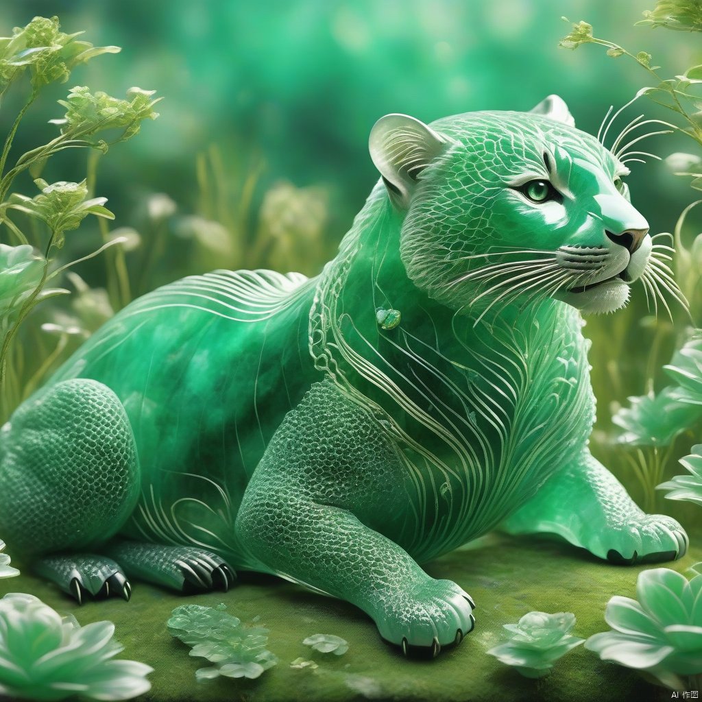 best quality, very good, 16K, ridiculous, Extremely detailed, Gorgeous transparent emerald animal background grassland（（A masterpiece full of fantasy elements）））, （（best quality））, （（Intricate details））（8k）