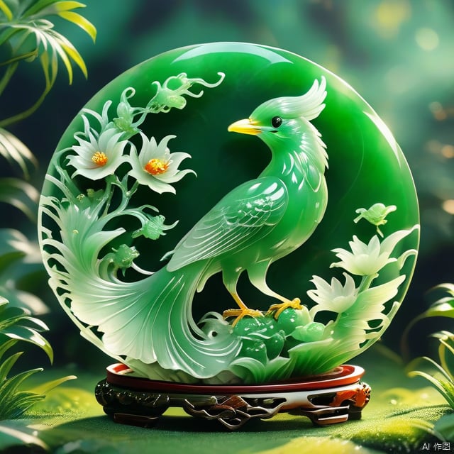 Best Quality, Very Good, 16K, Ridiculous, Very Detailed, Gorgeous Transparent Jade Firebird, Background Grassland ((Masterpiece Full of Fantasy Elements))), ((Best Quality)), ((Intricate Details) )(8K)