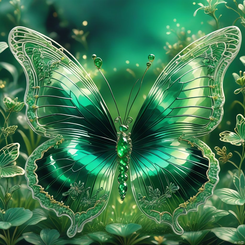  Best quality, very good, 16 thousand, ridiculous, extremely detailed, gorgeous transparent emerald butterfly, background grassland ((masterpiece full of fantasy elements))), ((best quality)), ((intricate details ))(8k)