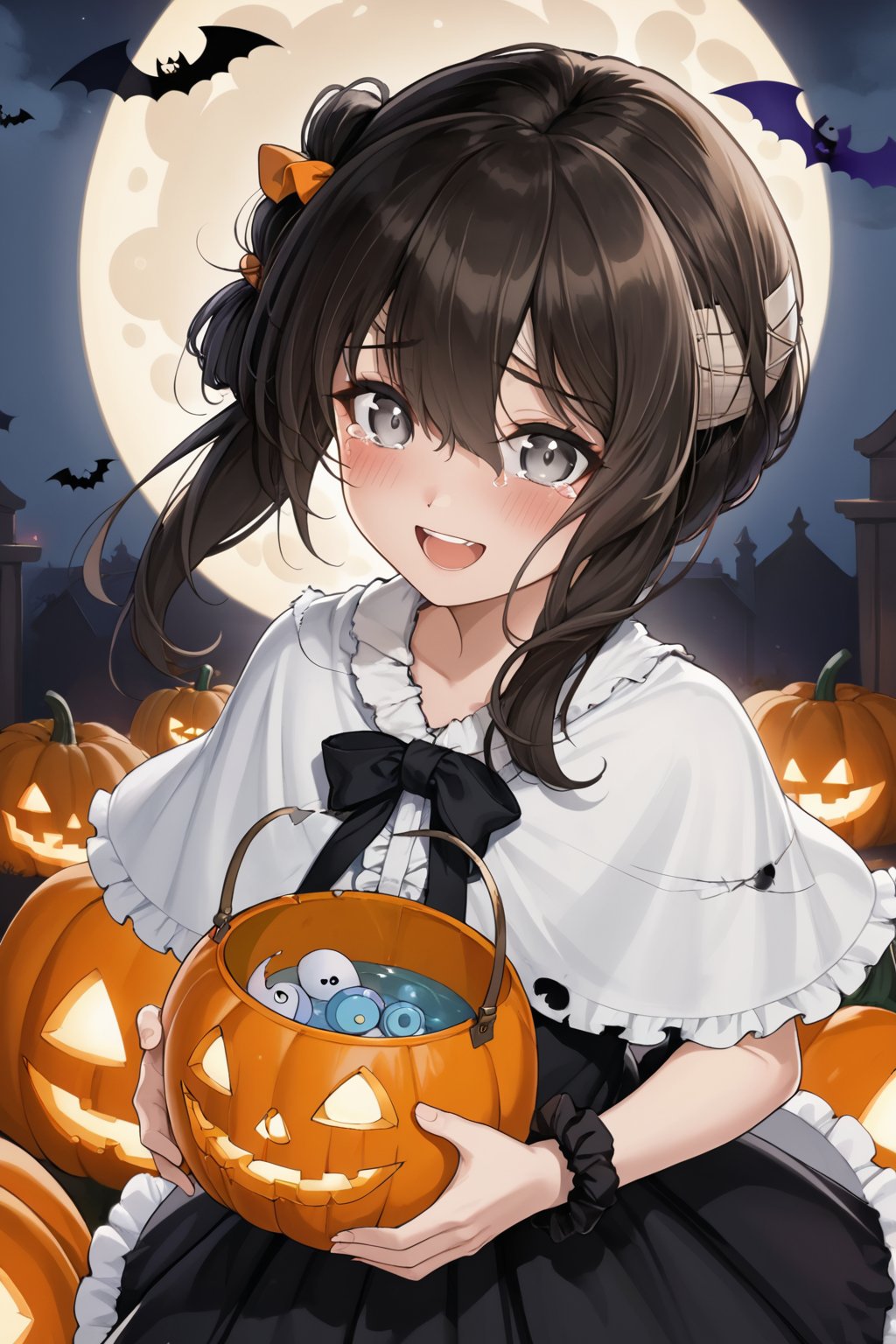 1girl, long hair, skirt, solo, capelet, smile, shirt, looking at viewer, frills, upper teeth only, halloween, open mouth, hair between eyes, :d, white shirt, blush, teeth, jack-o'-lantern, wrist scrunchie, halloween bucket, frilled skirt, ghost, halloween costume, black hair, bangs, bandages, grey eyes,  crying with eyes open,