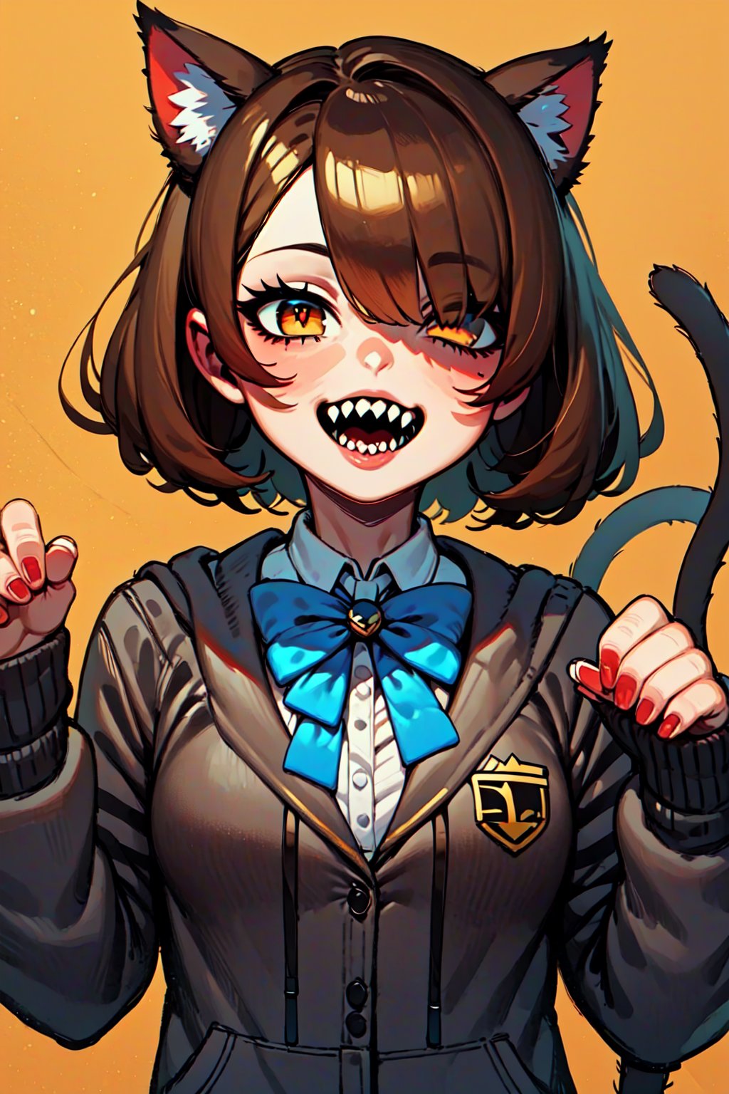 masterpiece,best quality,1girl,solo,animal ears,bow,teeth,jacket,tail,open mouth,brown hair,orange background,bowtie,orange nails,simple background,cat ears,orange eyes,blue bow,animal ear fluff,cat tail,looking at viewer,upper body,shirt,school uniform,hood,striped bow,striped,white shirt,black jacket,blue bowtie,fingernails,long sleeves,cat girl,bangs,fangs,collared shirt,striped bowtie,short hair,tongue,hoodie,sharp teeth,facial mark,claw pose,hooded jacket,blue hoodie,yellow background,hair ornament,paw ornament,tail raised,dress shirt,hairpin,slit pupils,hair over one eye,arm behind back,striped clothes,whisker markings,hand up,