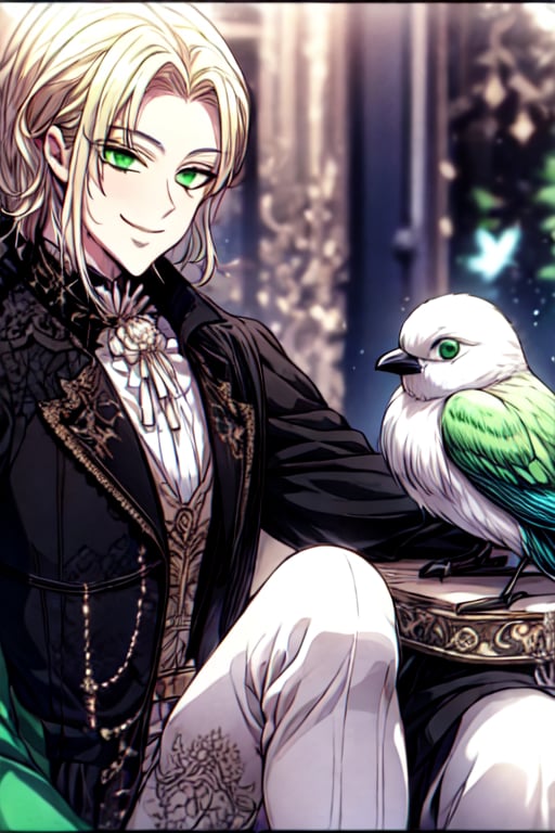 a man with blonde hair and green eyes with smile in a relaxed pose with a bird  ,victorian dress,1 girl,  