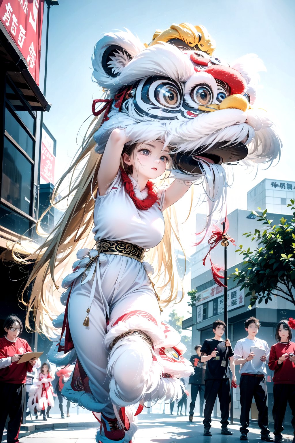  best quality,4k,8k,highres,masterpiece,ultra-detailed,realistic,photorealistic,photo-realistic,HDR,UHD,studio lighting,nanshi,xingshi,1girl,lion dance,outdoor,arm_up