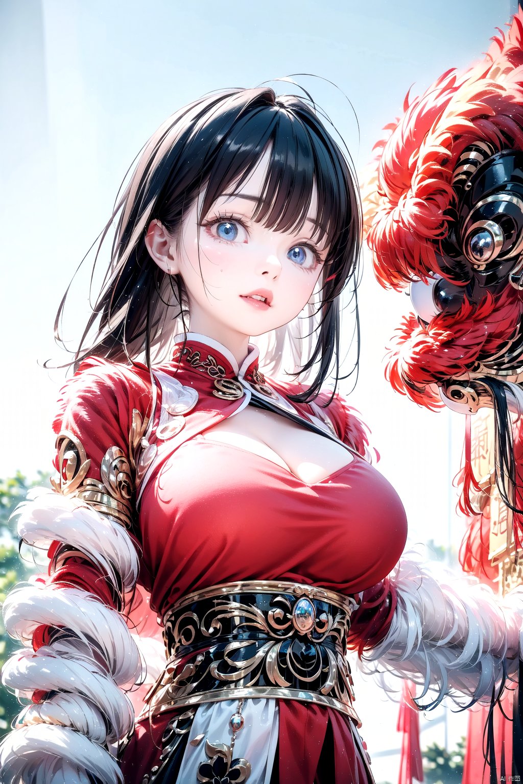  best quality,4k,8k,highres,masterpiece,ultra-detailed,realistic,photorealistic,photo-realistic,HDR,UHD,studio lighting,nanshi,xingshi,lion dance,1girl,long hair,breasts,bangs,blue eyes,black hair,long sleeves,holding,cleavage,upper body,outdoors,parted lips,lips,chinese clothes,cleavage cutout,chinese new year


