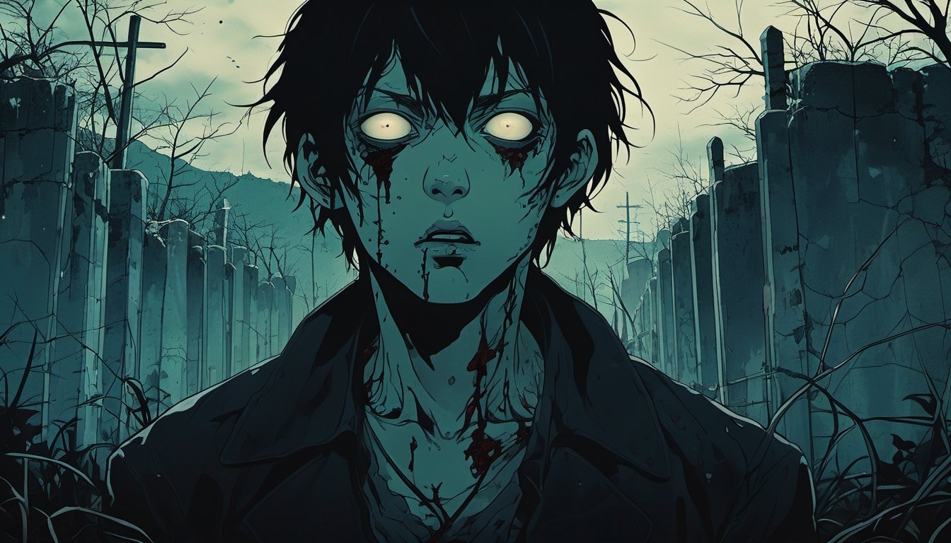 impactful paint of dark anime, a zombie in a graveyard   ,    highly detailed,   8k,   sharp,  professional, clear,   high contrast, high saturated, , vivid deep blacks, crystal clear
