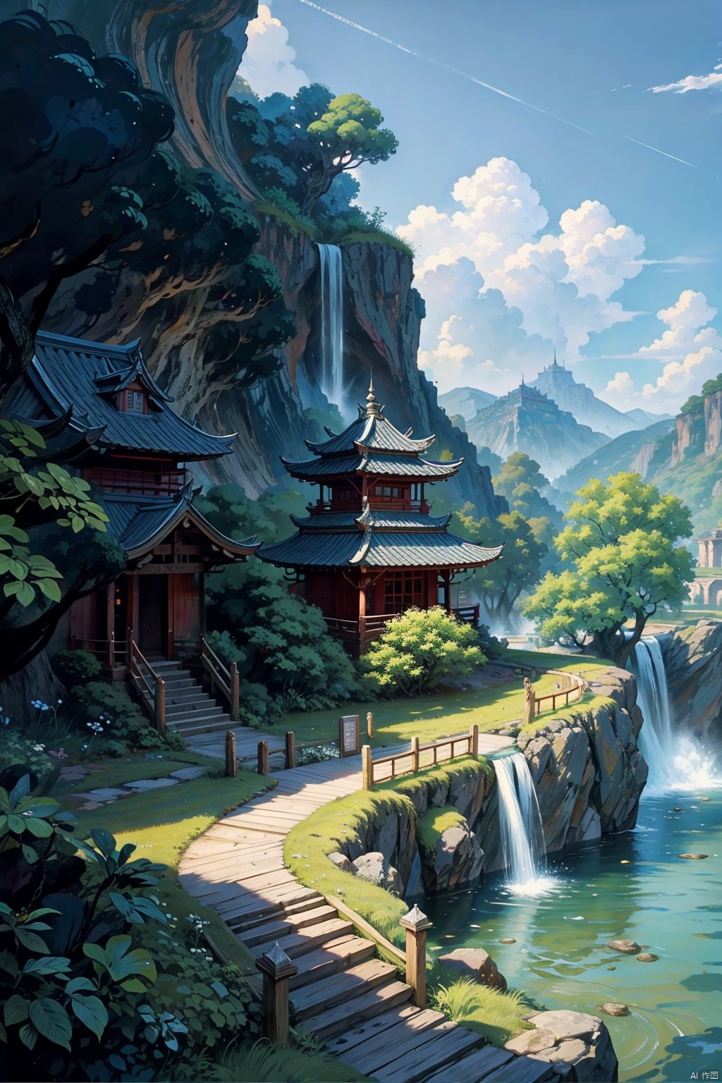 Under the blue sky and white clouds, there is a high mountain jungle in the distance. There is an ancient building surrounded by forests on the mountain, with a waterfall in the mountains, flowing water for a long time, and a small path paved with stone slabs. In front of me, there is a thick and large tree, ink paintings, colorful scenes, super detailed skills, and the best ratio. 8K - HD, super high resolution,  AI Ink Landscape