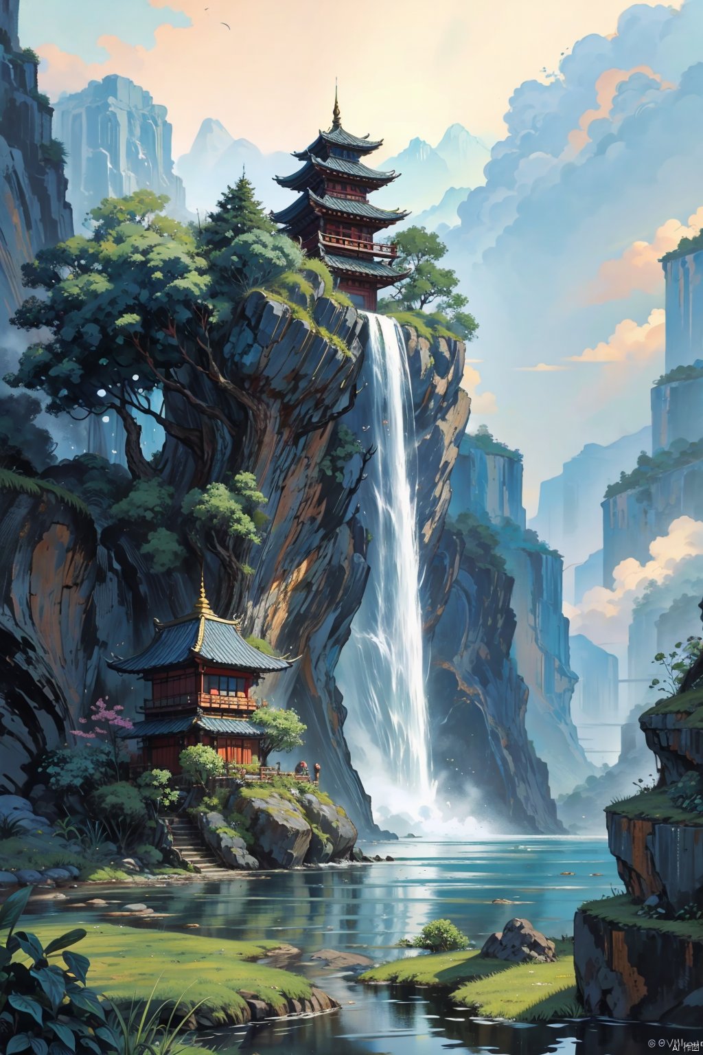 Under the blue sky and white clouds, there is a high mountain jungle in the distance. There is an ancient building surrounded by forests on the mountain, with a waterfall in the mountains, flowing water for a long time, and a small path paved with stone slabs. In front of me, there is a thick and large tree, ink paintings, colorful scenes, super detailed skills, and the best ratio. 8K - HD, super high resolution,  AI Ink Landscape