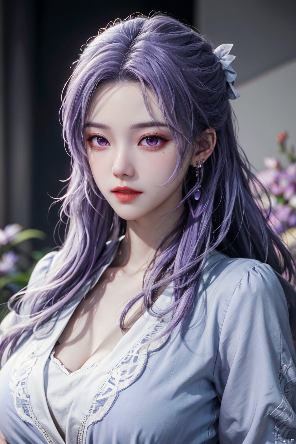  best quality,masterpiece,Yunxiao_Fairy,1girl,solo,long hair,looking at viewer,jewelry,closed mouth,purple eyes,upper body,purple hair,earrings,blurry,blurry background,sunlight,red lips,(big breasts:1.39)