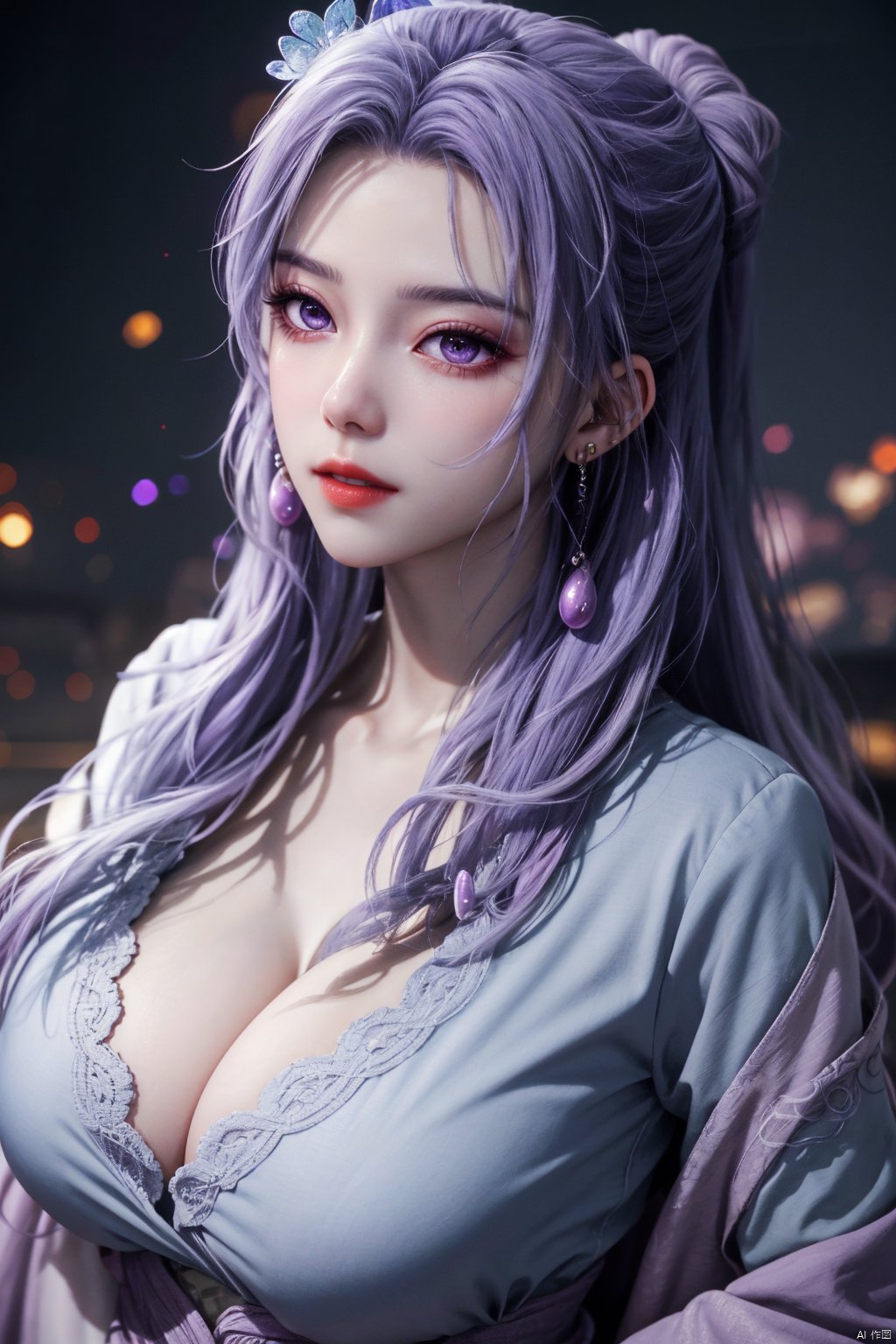  best quality,masterpiece,Yunxiao_Fairy,1girl,solo,long hair,looking at viewer,jewelry,closed mouth,purple eyes,upper body,purple hair,earrings,blurry,blurry background,sunlight,red lips,(big breasts:1.39)