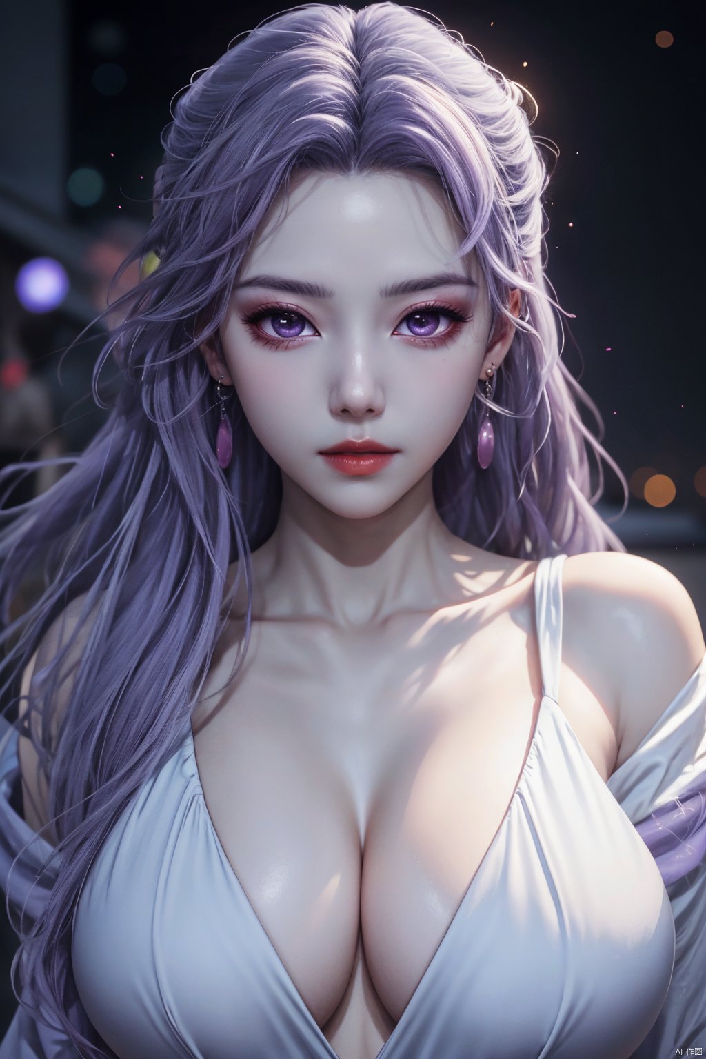  best quality,masterpiece,Yunxiao_Fairy,1girl,solo,long hair,looking at viewer,jewelry,closed mouth,purple eyes,upper body,purple hair,earrings,blurry,blurry background,sunlight,red lips,(big breasts:1.39)