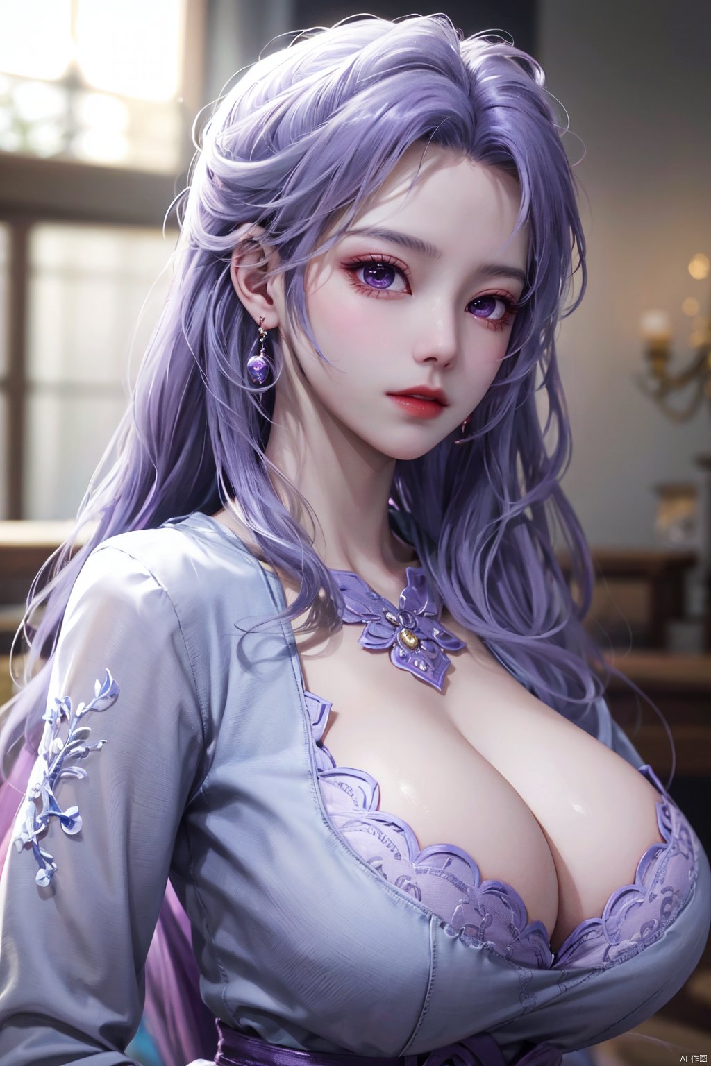  best quality,masterpiece,Yunxiao_Fairy,1girl,solo,long hair,looking at viewer,jewelry,closed mouth,purple eyes,upper body,purple hair,earrings,blurry,blurry background,sunlight,red lips,(big breasts:1.39)