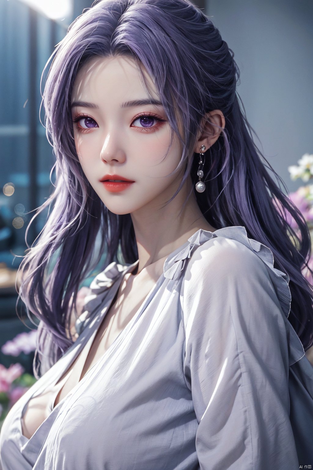  best quality,masterpiece,Yunxiao_Fairy,1girl,solo,long hair,looking at viewer,jewelry,closed mouth,purple eyes,upper body,purple hair,earrings,blurry,blurry background,sunlight,red lips,(big breasts:1.39)