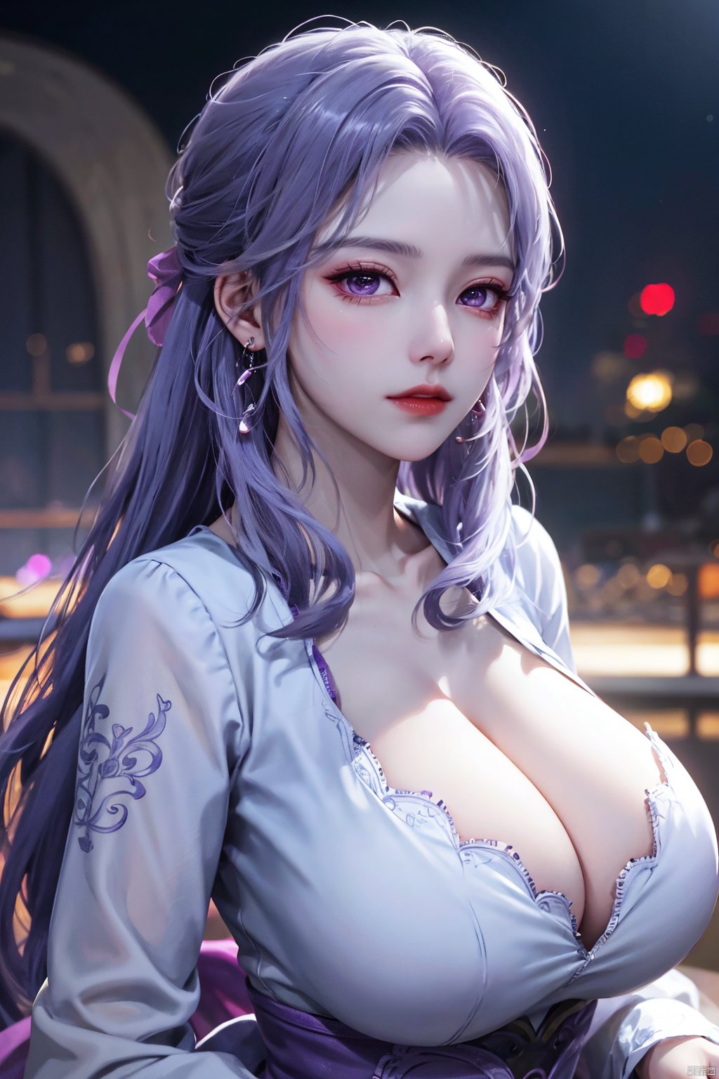  best quality,masterpiece,Yunxiao_Fairy,1girl,solo,long hair,looking at viewer,jewelry,closed mouth,purple eyes,upper body,purple hair,earrings,blurry,blurry background,sunlight,red lips,(big breasts:1.39)