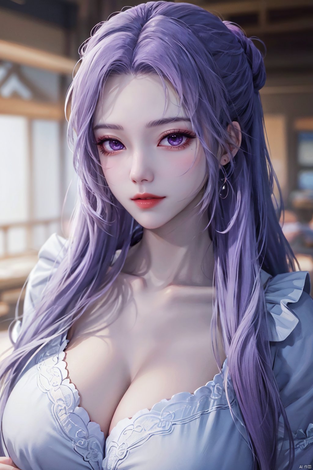  best quality,masterpiece,Yunxiao_Fairy,1girl,solo,long hair,looking at viewer,jewelry,closed mouth,purple eyes,upper body,purple hair,earrings,blurry,blurry background,sunlight,red lips,(big breasts:1.39)