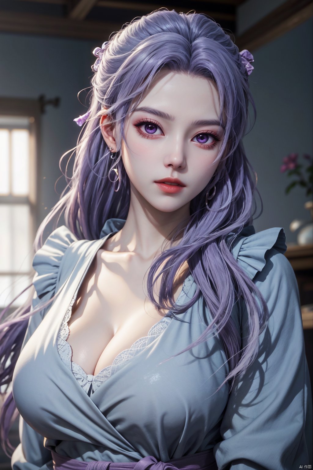  best quality,masterpiece,Yunxiao_Fairy,1girl,solo,long hair,looking at viewer,jewelry,closed mouth,purple eyes,upper body,purple hair,earrings,blurry,blurry background,sunlight,red lips,(big breasts:1.39)