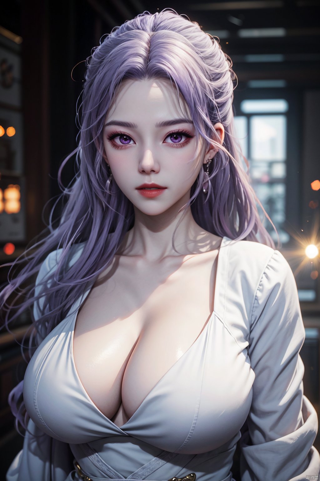  best quality,masterpiece,Yunxiao_Fairy,1girl,solo,long hair,looking at viewer,jewelry,closed mouth,purple eyes,upper body,purple hair,earrings,blurry,blurry background,sunlight,red lips,(big breasts:1.39)