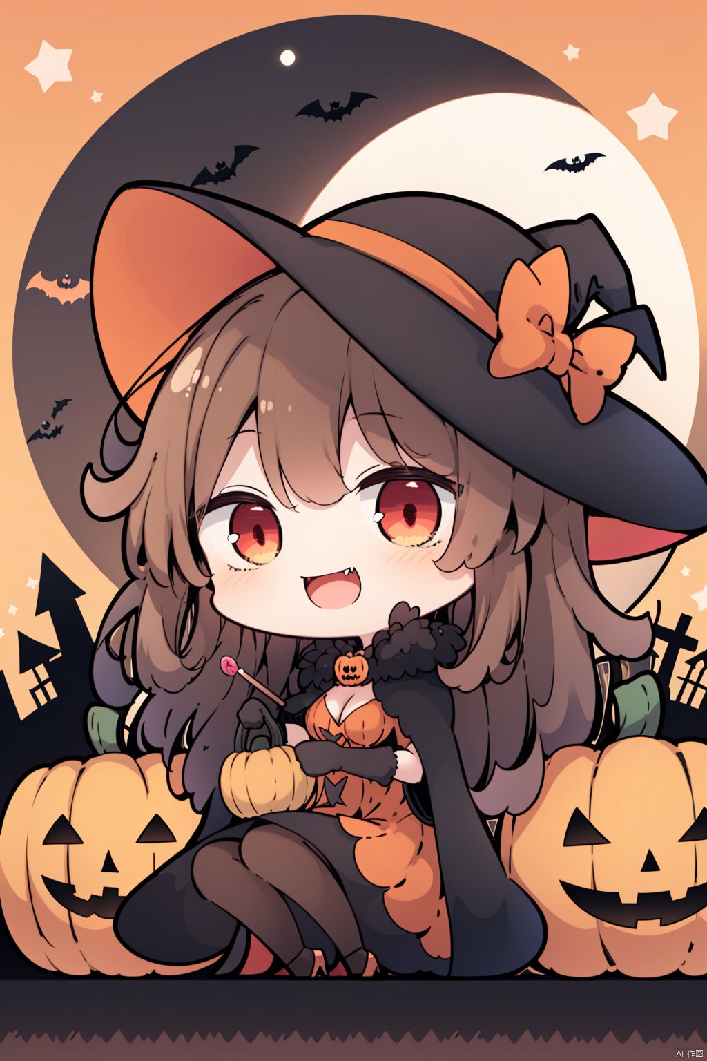 1girl, hat, red eyes, jack-o'-lantern, pantyhose, witch hat, brown hair, crossed legs, long hair, halloween, black footwear, high heels, cape, breasts, sitting, looking at viewer, smile, open mouth, moon, solo, food, ghost, :d, dress, candy, bat (animal), gloves, pumpkin, halloween bucket, orange dress, black cape, holding, black gloves, full moon, bangs, lollipop, head wings, black headwear, animal, medium breasts, cat, shoes, very long hair, fang, star (symbol), cleavage, multicolored cape, fangs