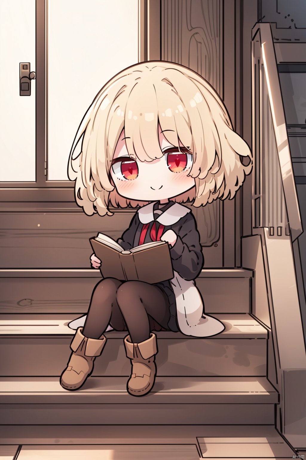  book, sitting, holding_book, 1girl, holding, looking_at_viewer, open_book, blonde_hair, pantyhose, boots, plant, blush, brown_footwear, short_hair, solo, long_sleeves,red_eyes, stairs, smile, open_clothes, indoors, black_pantyhose, shirt