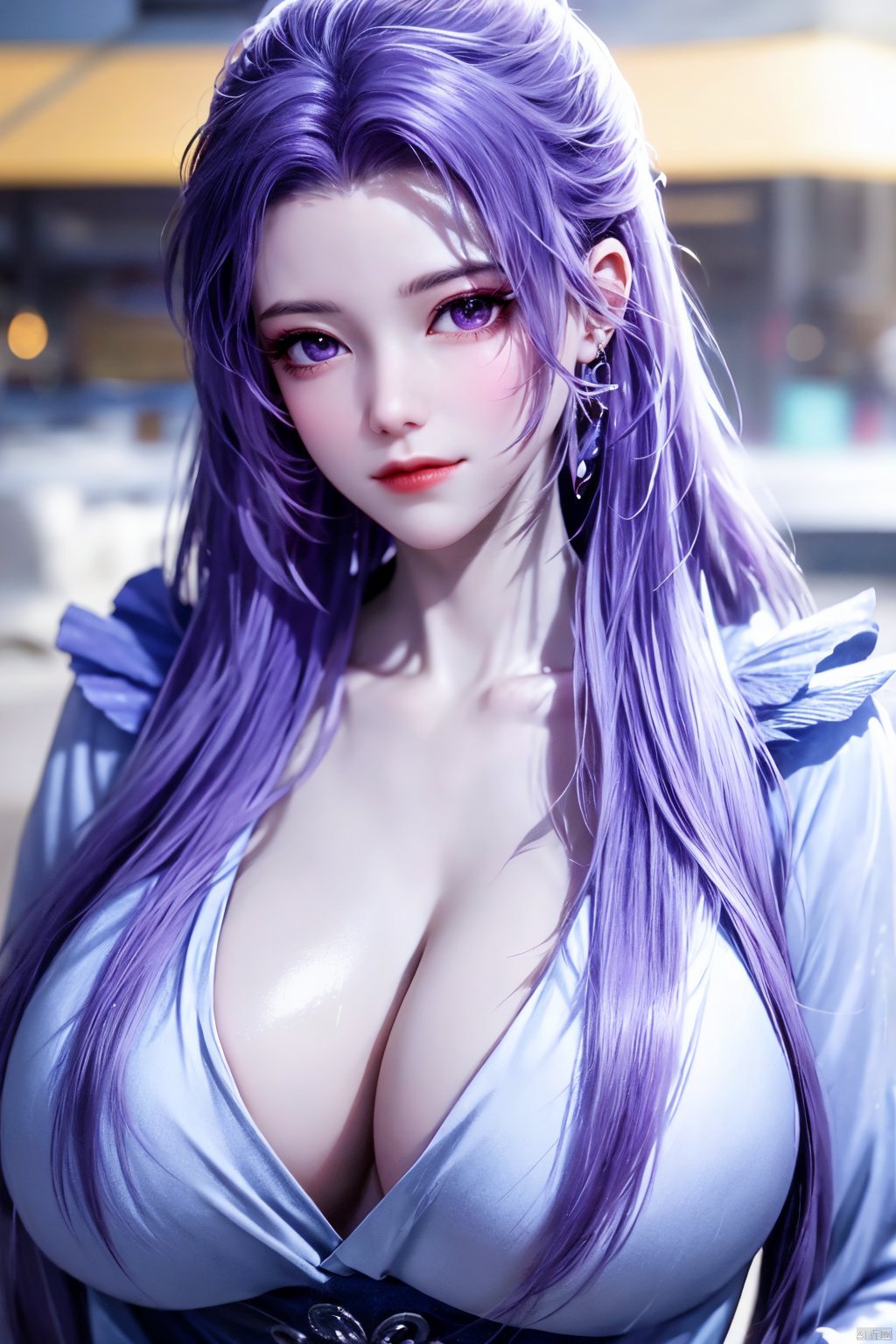  best quality,masterpiece,Yunxiao_Fairy,1girl,solo,long hair,looking at viewer,jewelry,closed mouth,purple eyes,upper body,purple hair,earrings,blurry,blurry background,sunlight,red lips,(big breasts:1.39), Yunxiao_xianzi