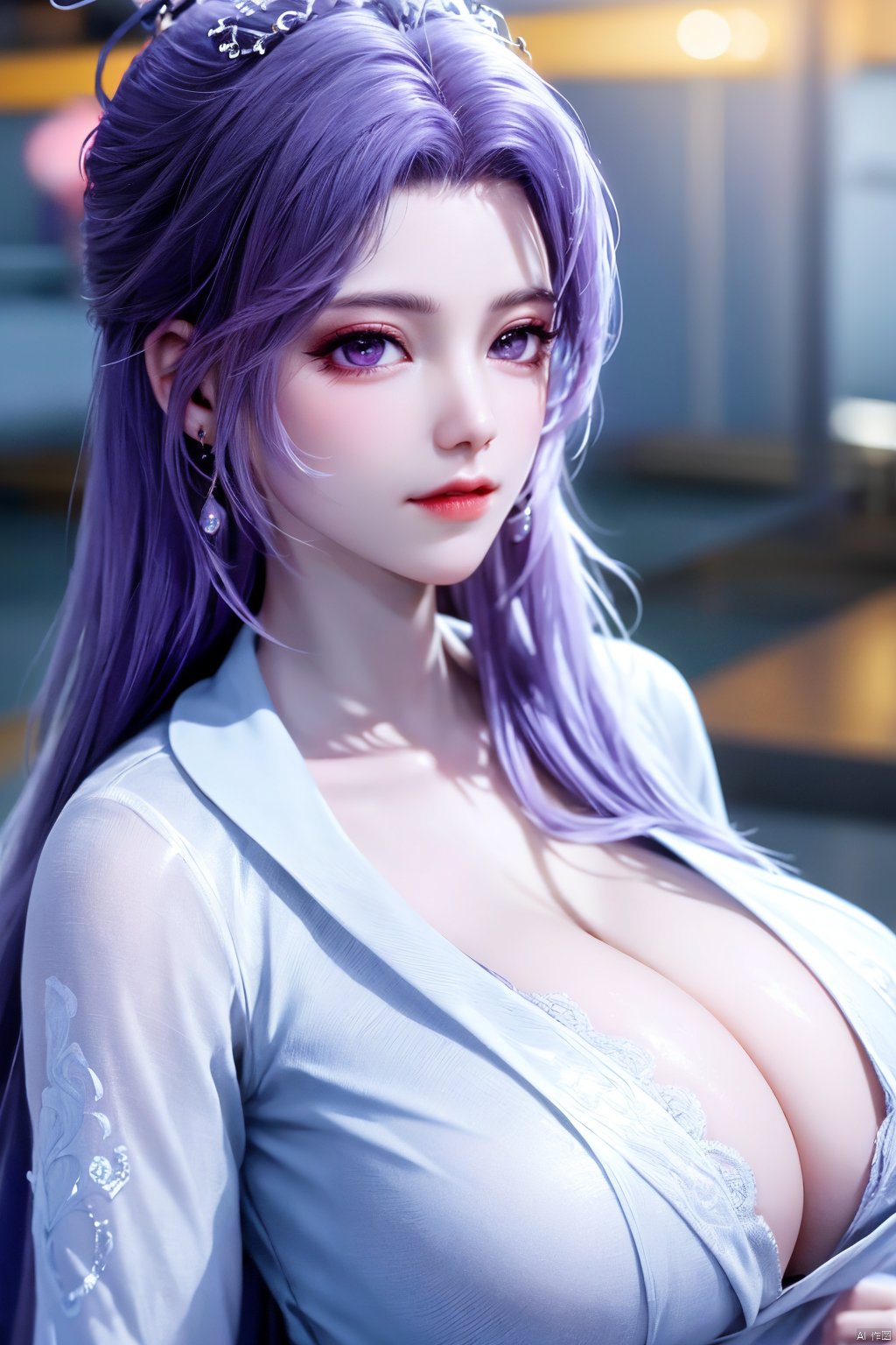  best quality,masterpiece,Yunxiao_Fairy,1girl,solo,long hair,looking at viewer,jewelry,closed mouth,purple eyes,upper body,purple hair,earrings,blurry,blurry background,sunlight,red lips,(big breasts:1.39), Yunxiao_xianzi