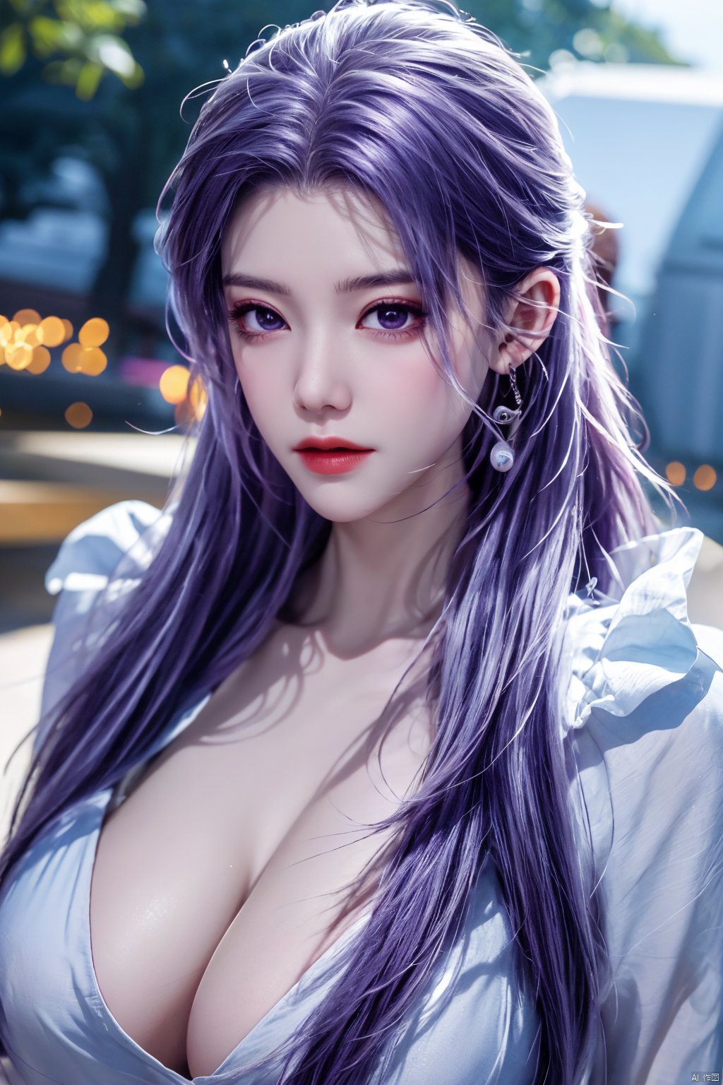  best quality,masterpiece,Yunxiao_Fairy,1girl,solo,long hair,looking at viewer,jewelry,closed mouth,purple eyes,upper body,purple hair,earrings,blurry,blurry background,sunlight,red lips,(big breasts:1.39), Yunxiao_xianzi