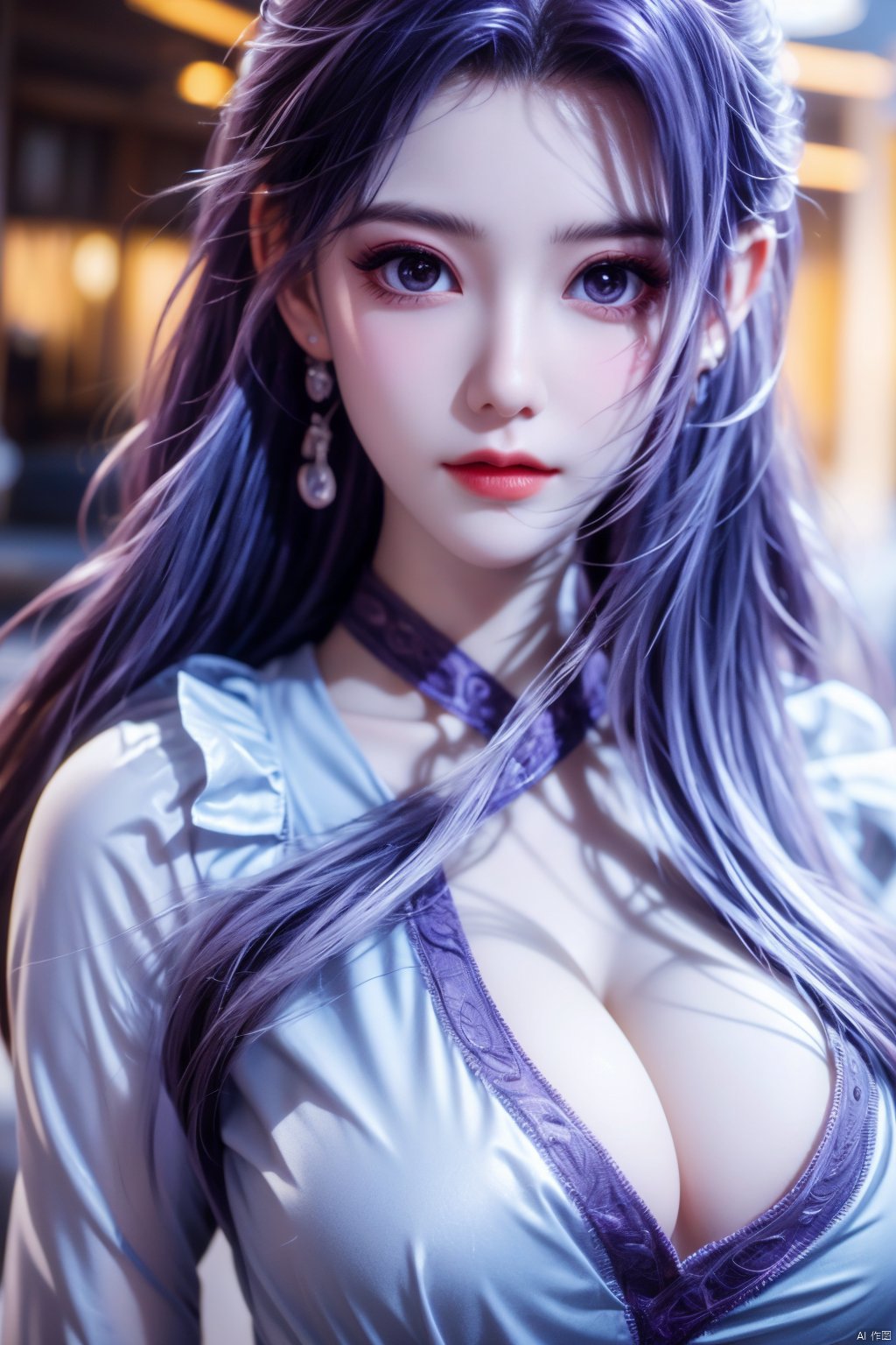  best quality,masterpiece,Yunxiao_Fairy,1girl,solo,long hair,looking at viewer,jewelry,closed mouth,purple eyes,upper body,purple hair,earrings,blurry,blurry background,sunlight,red lips,(big breasts:1.39), Yunxiao_xianzi