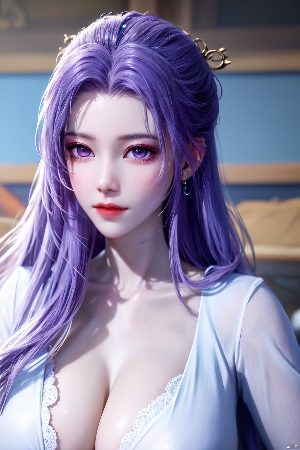  best quality,masterpiece,Yunxiao_Fairy,1girl,solo,long hair,looking at viewer,jewelry,closed mouth,purple eyes,upper body,purple hair,earrings,blurry,blurry background,sunlight,red lips,(big breasts:1.39), Yunxiao_xianzi