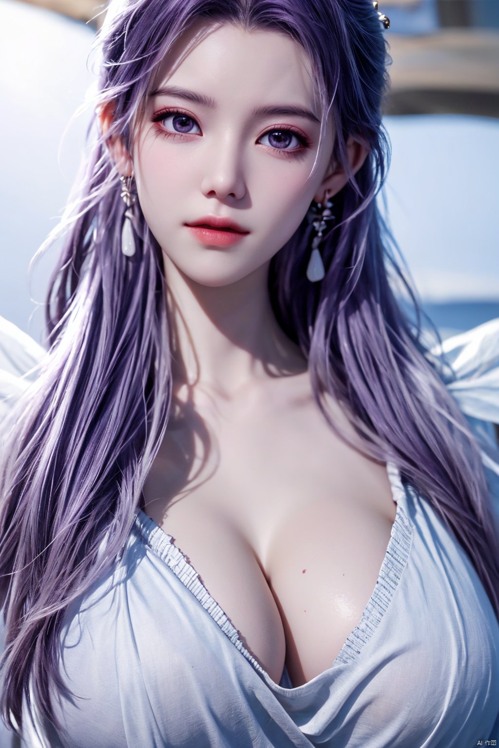  best quality,masterpiece,Yunxiao_Fairy,1girl,solo,long hair,looking at viewer,jewelry,closed mouth,purple eyes,upper body,purple hair,earrings,blurry,blurry background,sunlight,red lips,(big breasts:1.39), Yunxiao_xianzi