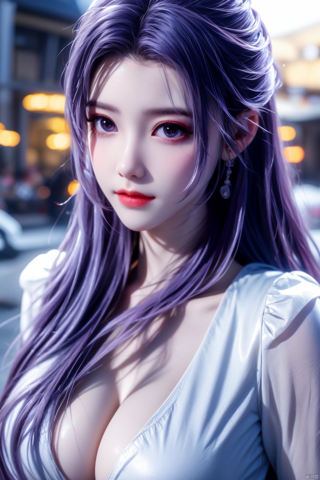  best quality,masterpiece,Yunxiao_Fairy,1girl,solo,long hair,looking at viewer,jewelry,closed mouth,purple eyes,upper body,purple hair,earrings,blurry,blurry background,sunlight,red lips,(big breasts:1.39), Yunxiao_xianzi