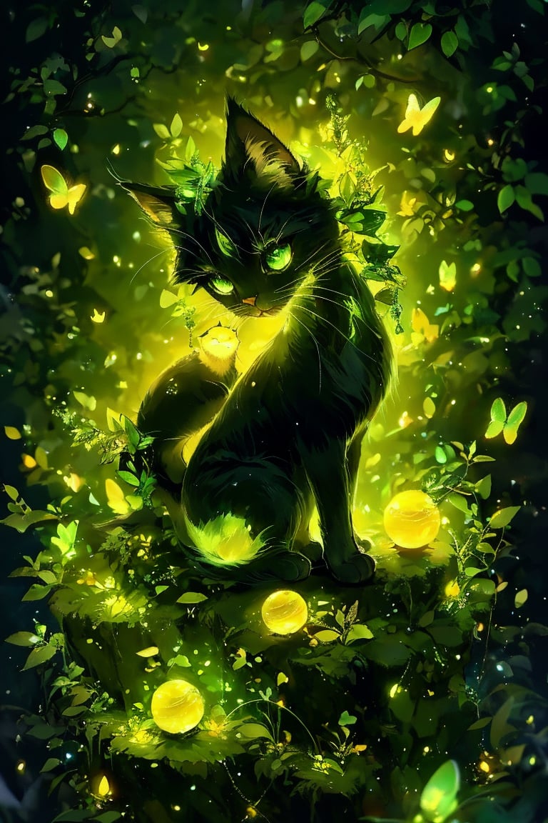 A mystical, dark-furred cat with luminescent green eyes. It is surrounded by a luminous green aura, with glowing green tendrils and leaves emanating from its body. The cat is perched on a rock amidst a forest setting, with small glowing orbs scattered around. Butterflies with luminescent wings flutter around the cat, and there are intricate details of leaves and other foliage in the background. The overall ambiance of the image is magical and enchanting.