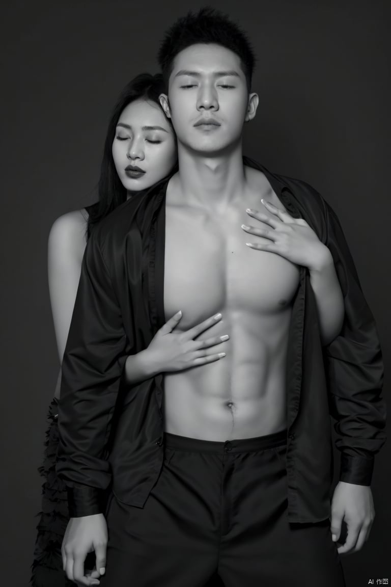 pjcouple,1man and 1woman, monochrome, greyscale, 1girl, 1boy, realistic, navel, open clothes, nipples, closed eyes, open shirt, hetero, hand on man's chest, behind the man, handsome,pretty,charming,couple,asian,exquisite facial features