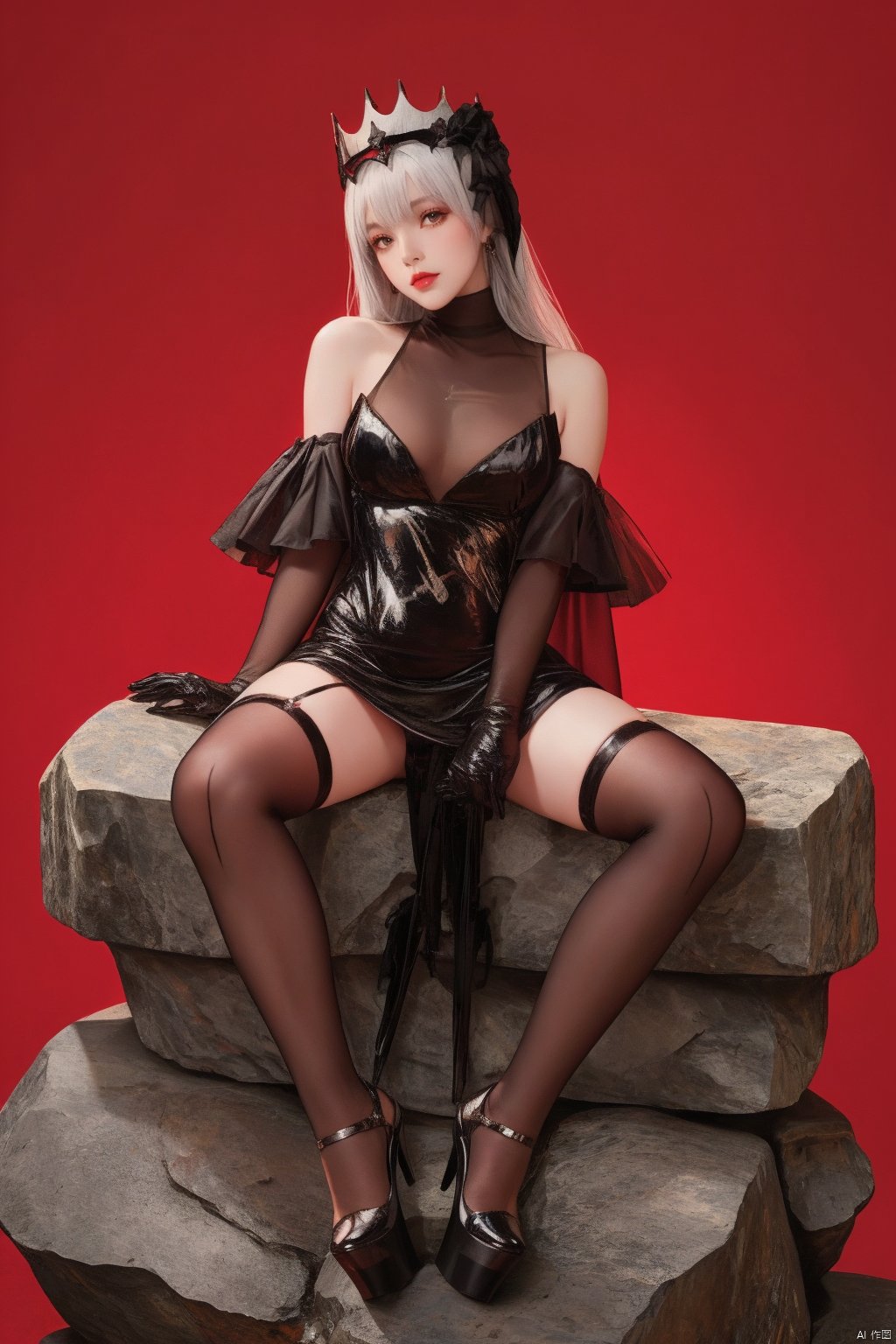 1girl,solo,red background,full body,sitting on rock,ruanyi0550,bare shoulders,black dress,black gloves,black thighhighs,crown,high heels,see
through,dress,veil,,spread legs,platform footwear,<lora:0550 nikke marian, best quality,masterpiece,highres,official